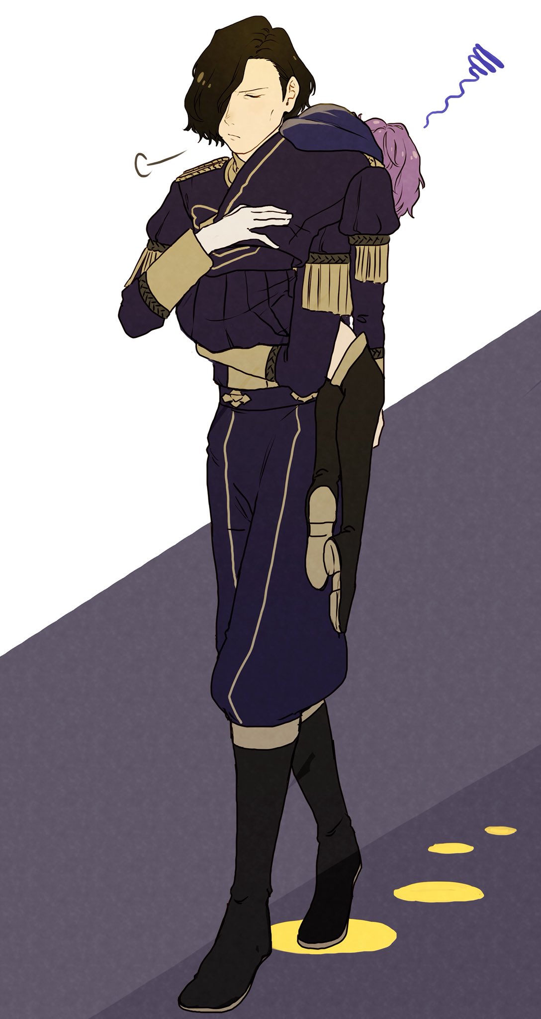 1boy, 1girl, bernadetta_von_varley, black_hair, carrying, closed_eyes, closed_mouth, epaulettes