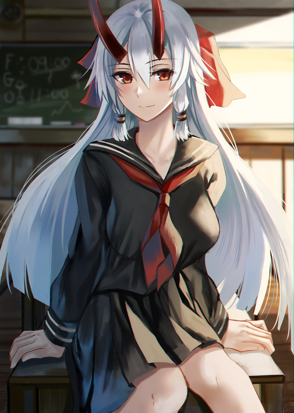 arm_support, bangs, bare_legs, black_skirt, blackboard_sign, blurry, blush, breasts