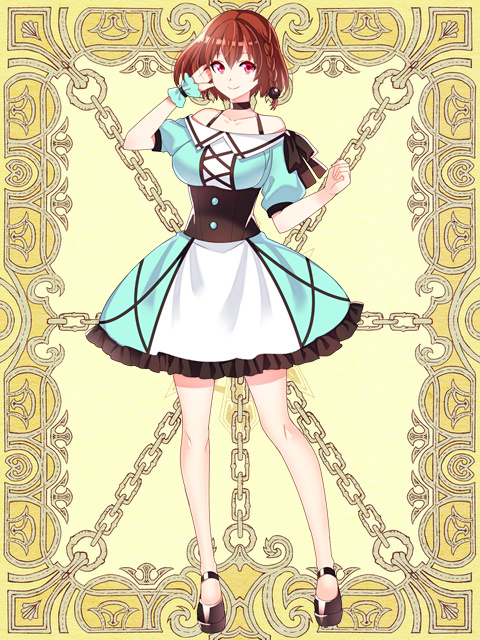 1girl, black_choker, blue_dress, braid, breasts, brown_hair, choker, dress, full_body, hand_in_hair, hand_up, kerberos_blade, kusunokinawate, looking_at_viewer, lunamilia, medium_breasts, red_eyes, scrunchie, short_sleeves, solo, standing, wrist_scrunchie, yellow_background