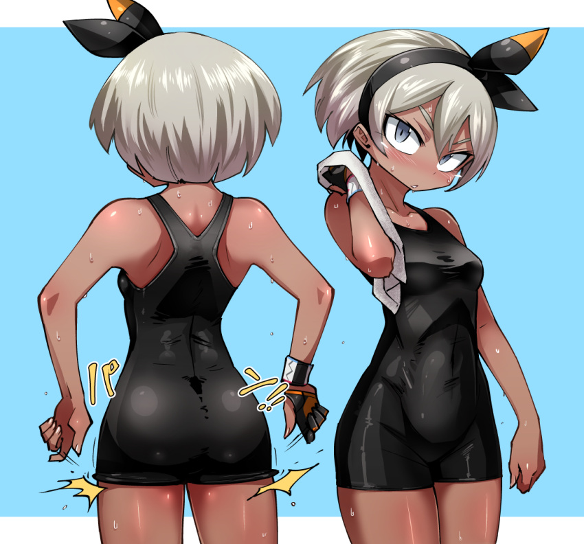 1girl, ass, bangs, bare_arms, bare_shoulders, black_gloves, black_hairband, black_ribbon