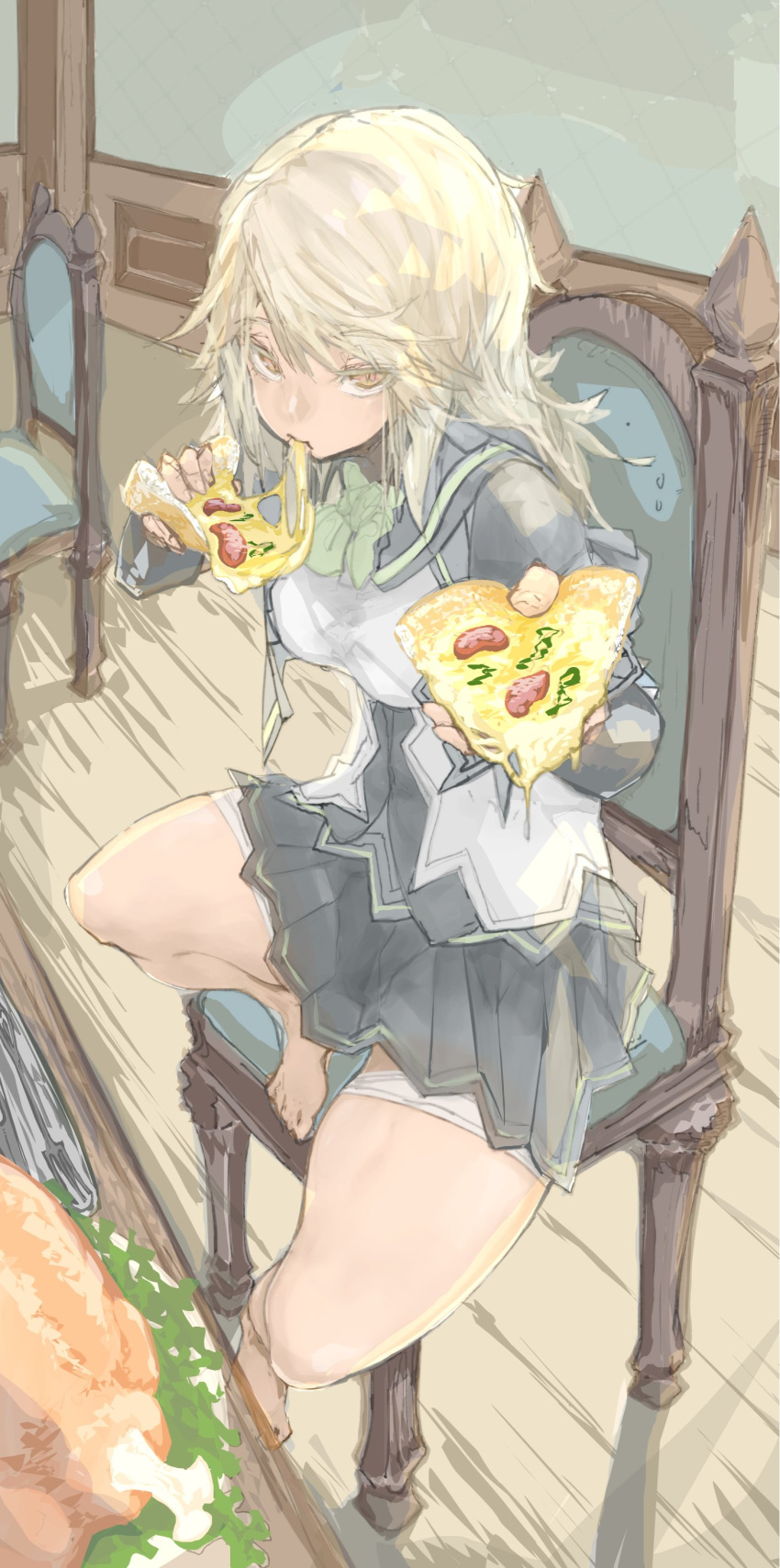 1girl, absurdres, bangs, barefoot, chair, dark_skin, eating, food