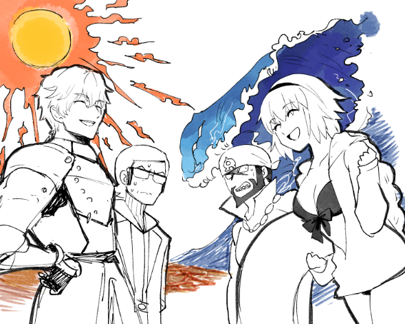 1girl, 3boys, a-1_pictures, aogiri_(pokemon), armor, bandana, bikini, carnival_phantasm