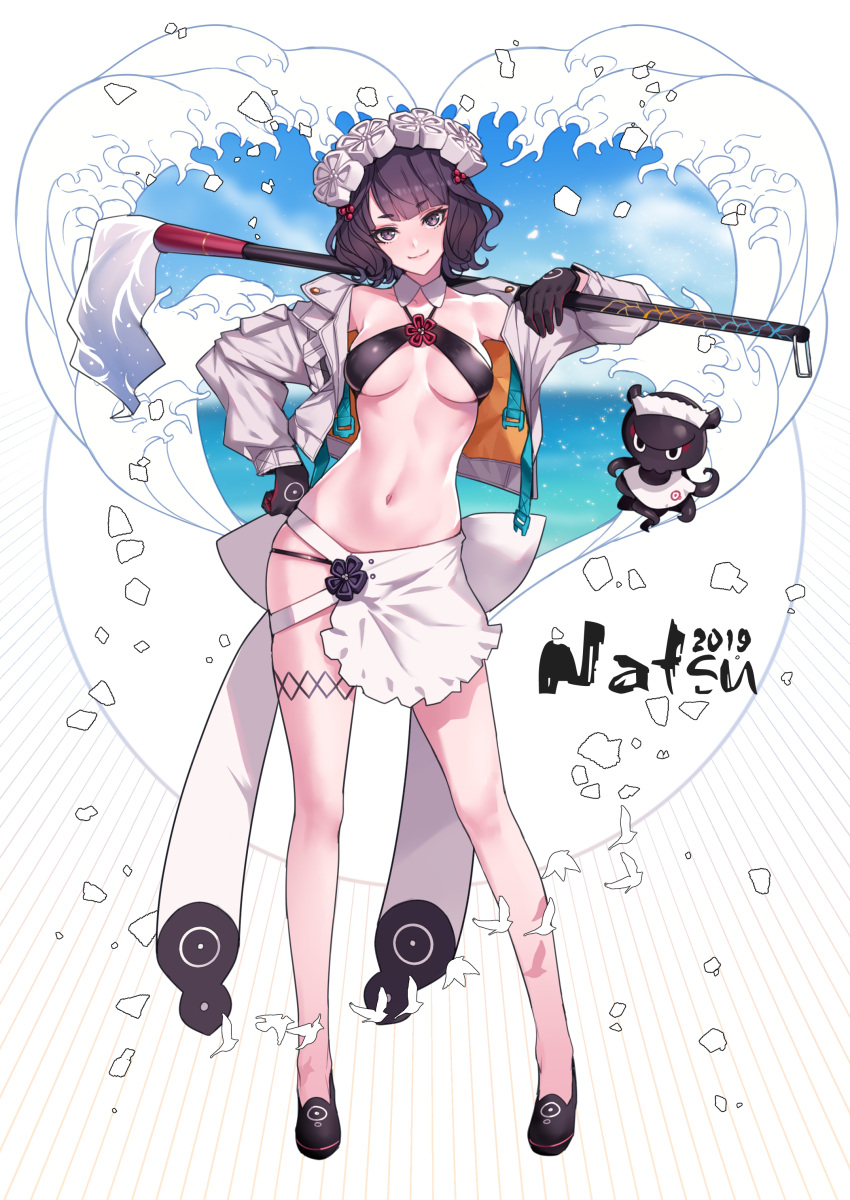 1girl, absurdres, adapted_costume, apron, ban, bangs, bare_shoulders, bikini