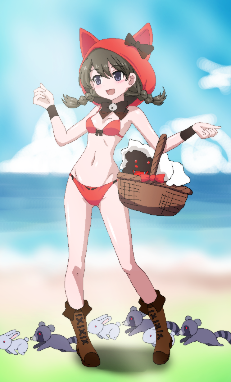 1girl, basket, beach, bikini, black_ribbon, blue_eyes, blush, brown_footwear
