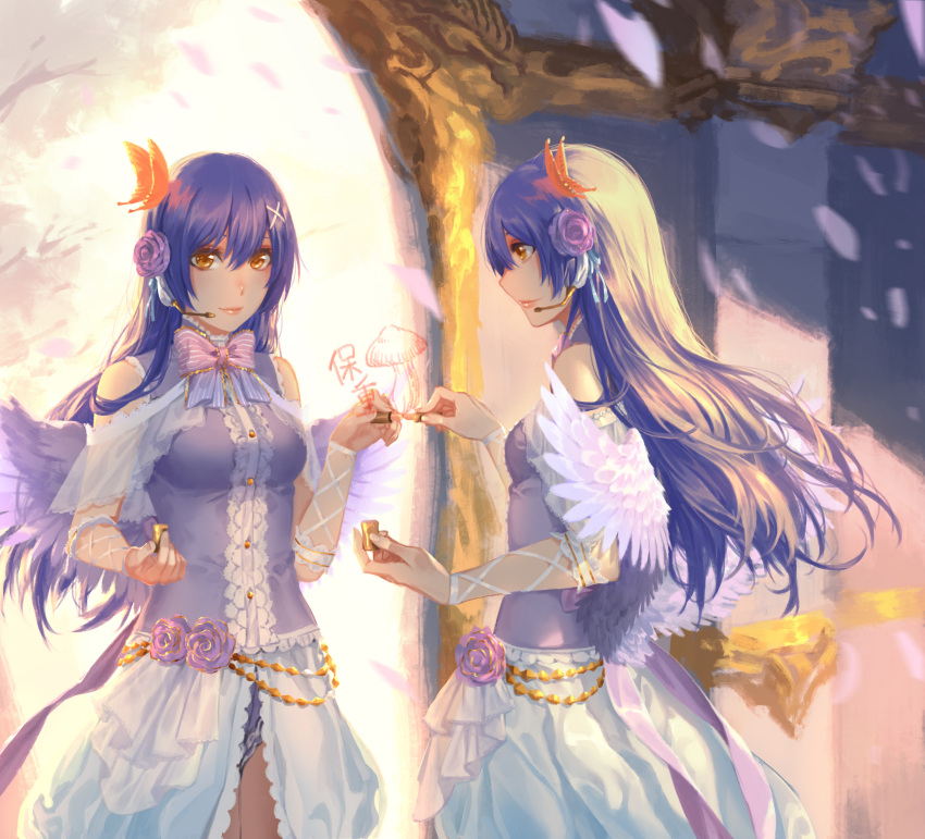 1girl, angel_wings, bangs, bare_shoulders, blue_hair, butterfly_hair_ornament, closed_mouth, commentary_request
