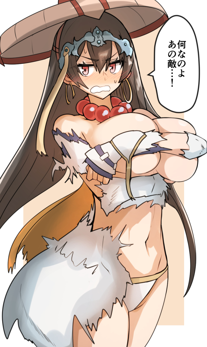1girl, ajirogasa, bangs, bare_shoulders, bead_necklace, beads, beige_background, bikini