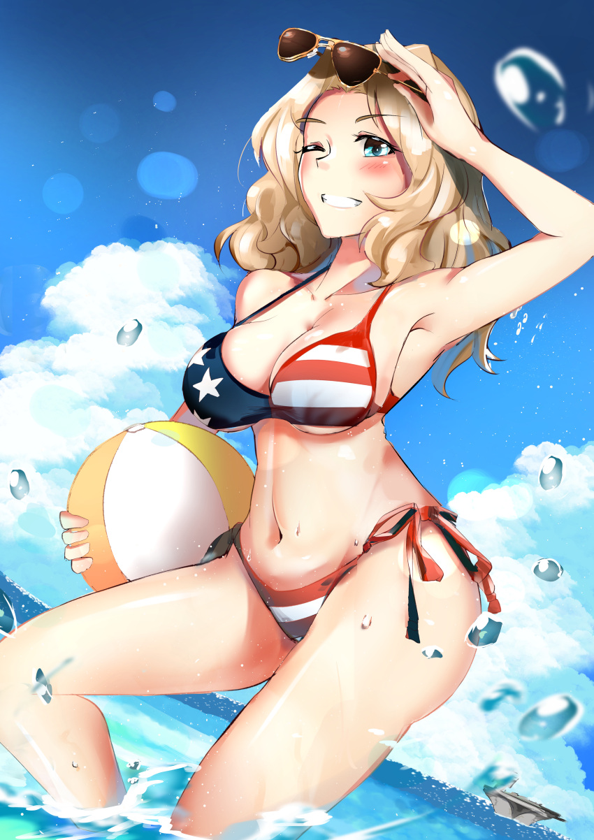 1girl, absurdres, aircraft_carrier, american_flag_bikini, ball, beachball, bikini, blonde_hair
