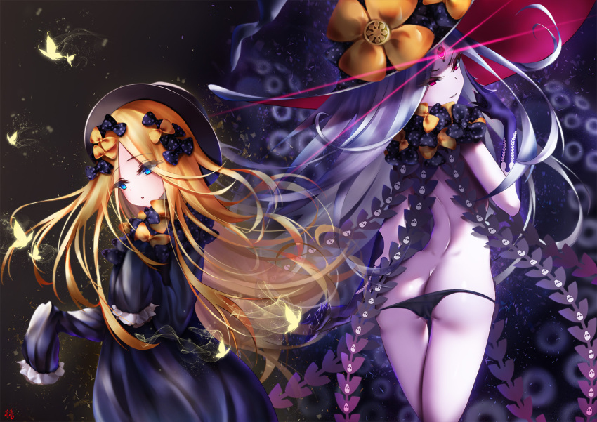 2girls, abigail_williams_(fate/grand_order), ass, back, bangs, bare_shoulders, black_bow, black_dress, black_headwear, black_panties, blonde_hair, blue_eyes, bow, bug, butterfly, commentary, dress, dual_persona, fate/grand_order, fate_(series), forehead, glowing, glowing_eye, hair_bow, hat, highres, insect, keyhole, long_hair, long_sleeves, looking_at_viewer, lowleg, lowleg_panties, multiple_bows, multiple_girls, multiple_hair_bows, multiple_hat_bows, orange_bow, panties, parted_bangs, pink_eyes, polka_dot, polka_dot_bow, revision, sleeves_past_fingers, sleeves_past_wrists, smile, tentacles, thighs, third_eye, underwear, vanitas_0, white_hair, white_skin, witch_hat