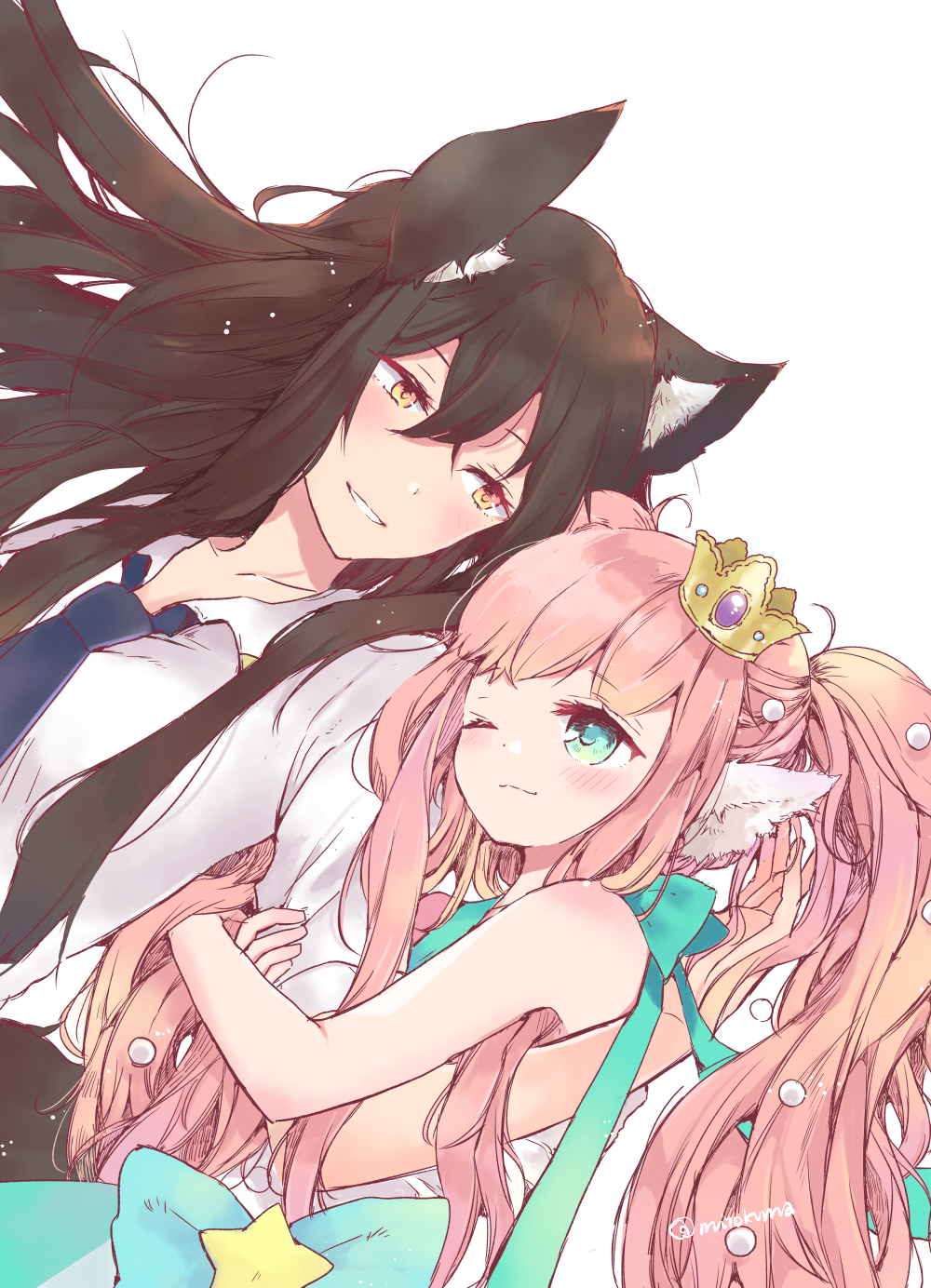 2girls, ;), animal_ears, arm_hug, bangs, bare_arms, bare_shoulders, blue_neckwear