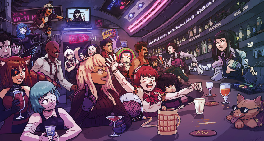 6+boys, 6+girls, ?, ahoge, alcohol, alma_armas, android, animal_ears