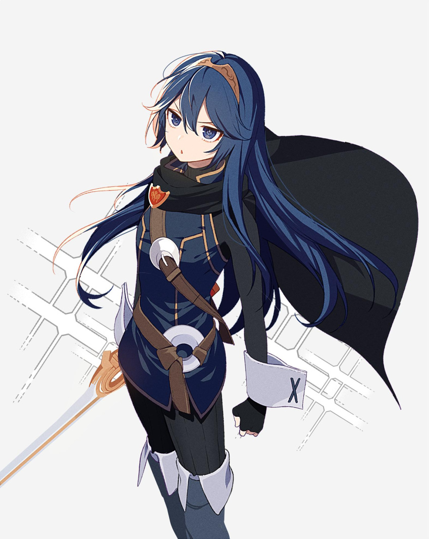 1girl, angry, belt, black_cape, blue_eyes, blue_footwear, blue_hair, bodysuit, boots, buckle, cape, cape_billowing, commentary, falchion_(fire_emblem), fingerless_gloves, fire_emblem, fire_emblem:_kakusei, fire_emblem_awakening, gloves, gold_trim, grey_background, hair_between_eyes, hair_spread_out, highres, holding, holding_sword, holding_weapon, intelligent_systems, lens_flare, long_hair, looking_at_viewer, lucina, lucina_(fire_emblem), moe, nintendo, open_mouth, princess, ryon_(ryonhei), simple_background, sleeve_cuffs, solo, super_smash_bros., sword, symbol-shaped_pupils, thigh-highs, thigh_boots, tiara, tsundere, turtleneck, v-shaped_eyebrows, weapon