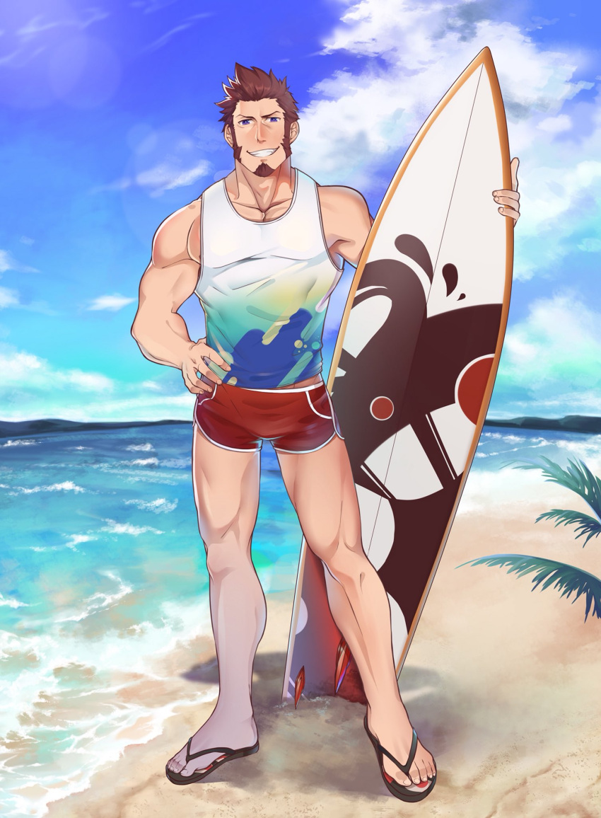 1boy, abs, bara, beard, blue_eyes, brown_hair, chest, clouds, cloudy_sky, facial_hair, fate/grand_order, fate_(series), full_body, hand_on_hip, highres, icelernd, looking_at_viewer, male_focus, muscle, napoleon_bonaparte_(fate/grand_order), nipple_slip, nipples, ocean, pectorals, sandals, scar, shorts, sky, smile, solo, surfboard, swimsuit, tank_top