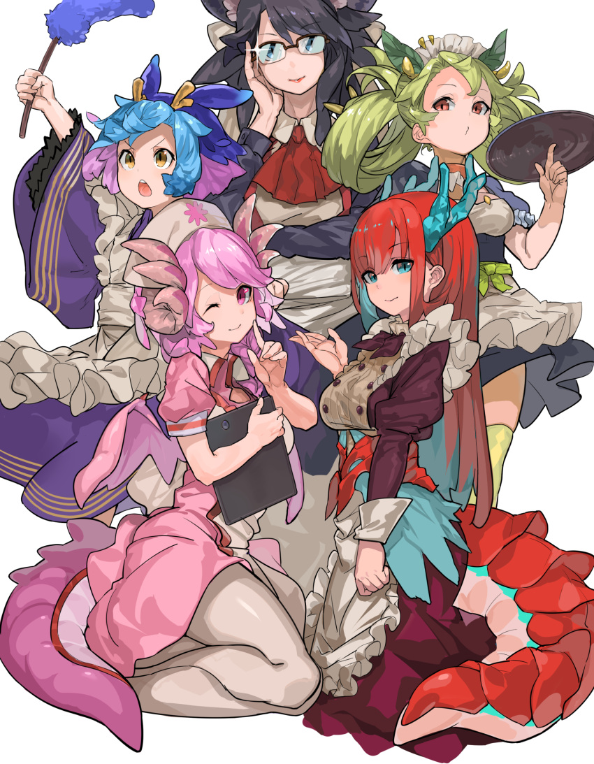 5girls, apron, artist_request, blue_hair, dragon_girl, dragon_horns, dragon_tail, dragonmaid_hausky, dragonmaid_laudry, dragonmaid_nasary, dragonmaid_parla, dragonmaid_tillroo, duel_monster, glasses, green_hair, hair_rings, highres, horns, maid_apron, maid_dress, maid_headdress, monster_girl, multicolored_hair, multiple_girls, pink_hair, redhead, tail, twintails, white_background, yuu-gi-ou, yuu-gi-ou_duel_monsters