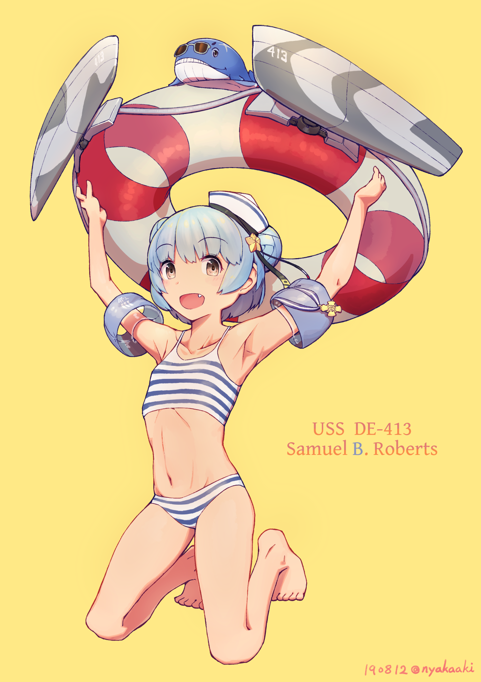 1girl, armpits, arms_up, bangs, bikini, blush, breasts, character_name