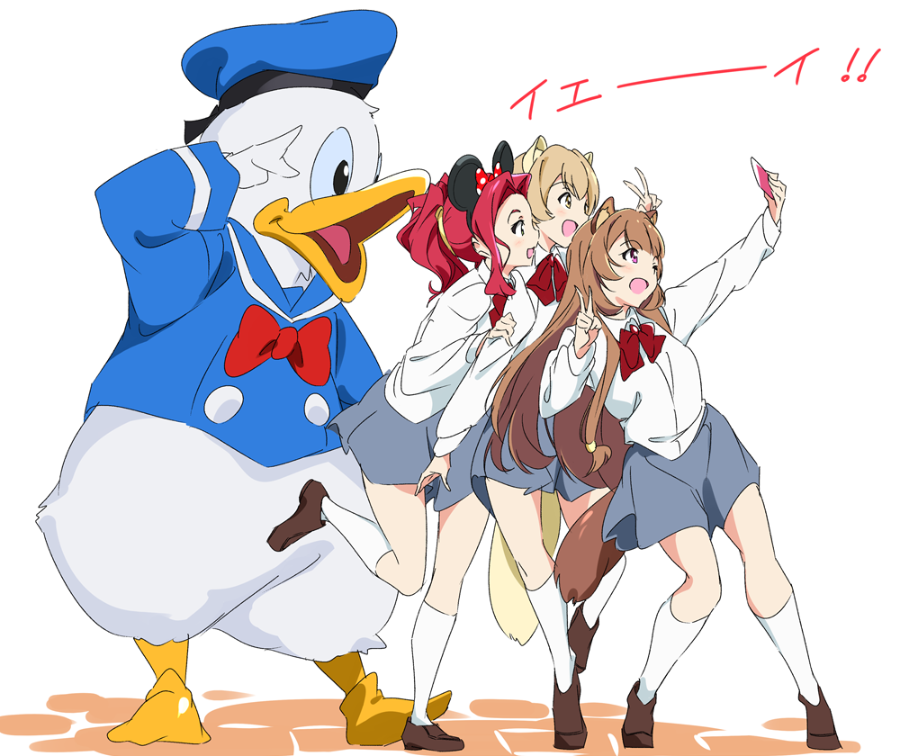 1other, 3girls, :d, animal_costume, animal_ears, bag, bird, bird_costume