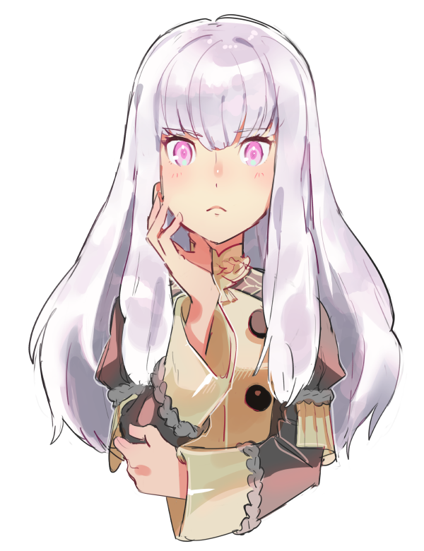 1girl, aisutabetao, bangs, blush, closed_mouth, epaulettes, fire_emblem, fire_emblem:_three_houses, jacket, long_hair, long_sleeves, looking_at_viewer, lysithea_von_ordelia, pink_eyes, simple_background, solo, uniform, upper_body, violet_eyes, white_background, white_hair