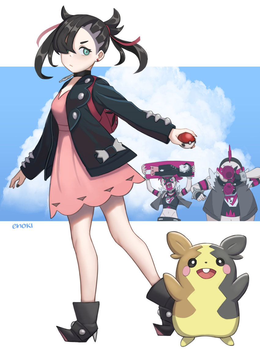 1boy, 2girls, absurdres, aqua_eyes, artist_name, asymmetrical_hair, bangs, black_hair, black_jacket, black_shirt, breasts, choker, commentary_request, dress, earrings, fat, fat_man, hair_ribbon, highres, holding, jacket, jewelry, large_breasts, long_sleeves, looking_at_viewer, mary_(pokemon), medium_breasts, medium_hair, midriff, multiple_girls, navel, pink_dress, poke_ball, pokemon, pokemon_(creature), pokemon_(game), pokemon_swsh, punndonothing, ribbon, shirt, short_twintails, silver_trim, sleevless_jacket, solo_focus, team_yell_grunt, twintails, undercut