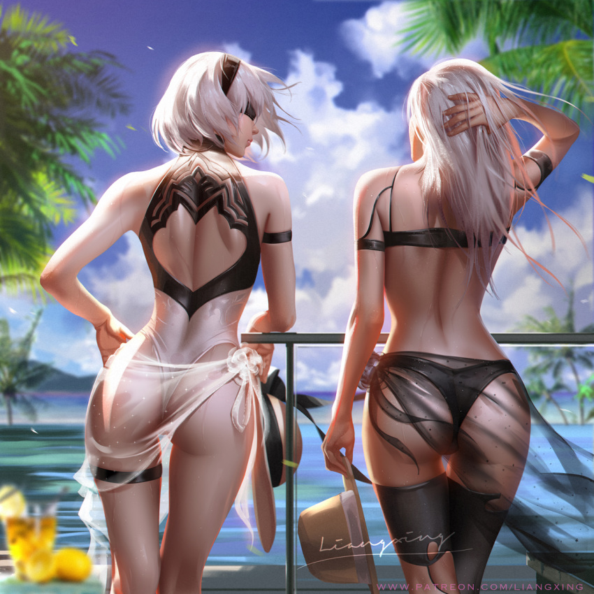 2girls, arm_strap, ass, back, back_cutout, bare_shoulders, bikini, black_bikini, black_blindfold, black_hairband, black_sarong, black_swimsuit, blindfold, blue_sky, blurry, blurry_background, blurry_foreground, closed_mouth, clouds, cup, day, english_commentary, facing_another, floating_hair, hairband, hand_behind_head, hat, hat_removed, head_tilt, headwear_removed, highleg, highleg_swimsuit, highres, holding, holding_hat, leaning_on_rail, liang_xing, long_hair, multicolored, multicolored_clothes, multicolored_swimsuit, multiple_girls, nier_(series), nier_automata, outdoors, palm_tree, poolside, sarong, see-through, short_hair, shoulder_blades, silver_hair, skindentation, sky, swimsuit, thigh_strap, tree, wet, white_hair, white_sarong, white_swimsuit, wind, yorha_no._2_type_b, yorha_type_a_no._2