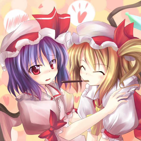 flandre_scarlet, hat, makino_(artist), makino_(ukiuo), pocky, pocky_kiss, red_eyes, remilia_scarlet