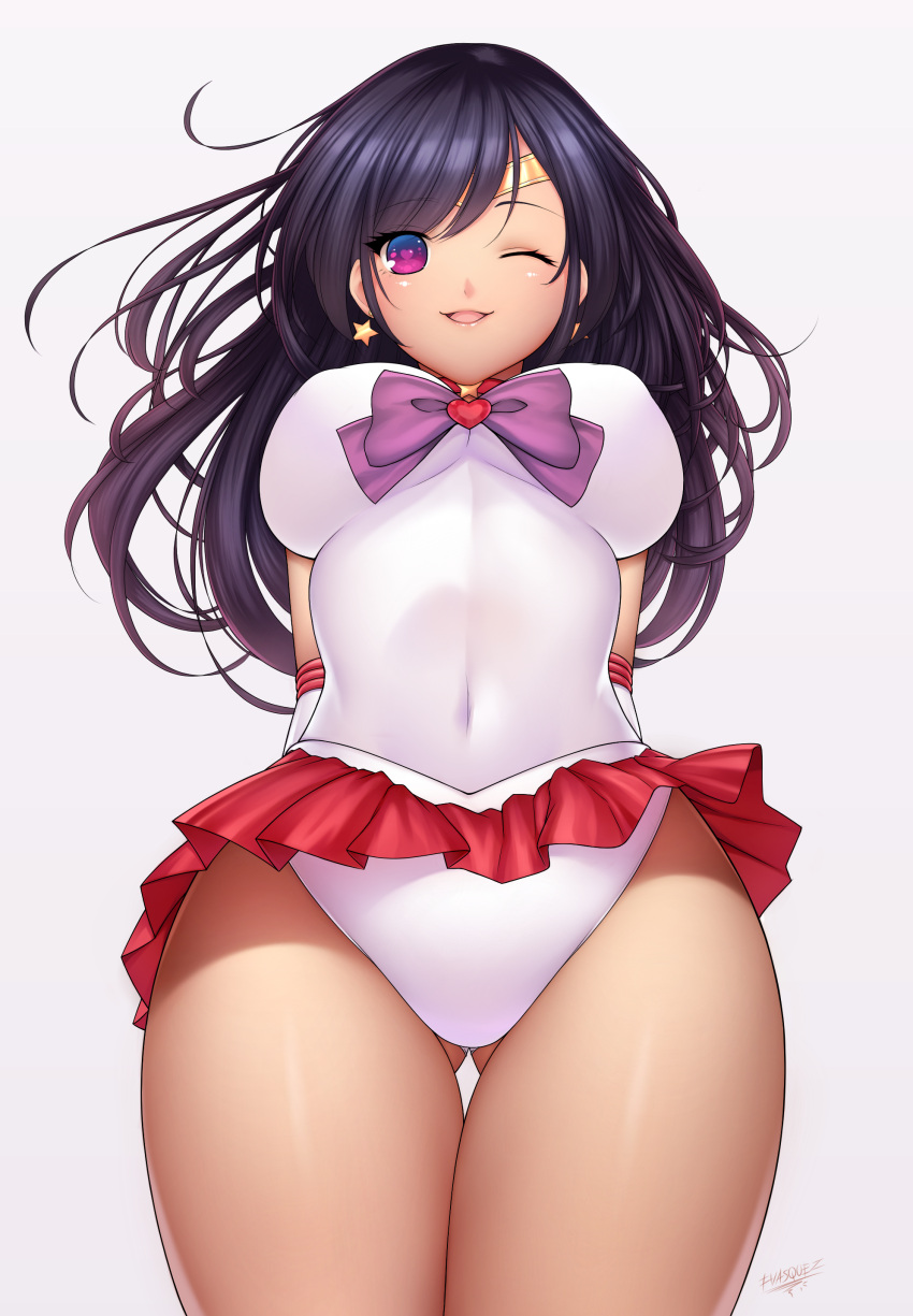 1girl, ;d, absurdres, arms_behind_back, bishoujo_senshi_sailor_moon, black_hair, blue_eyes, bow