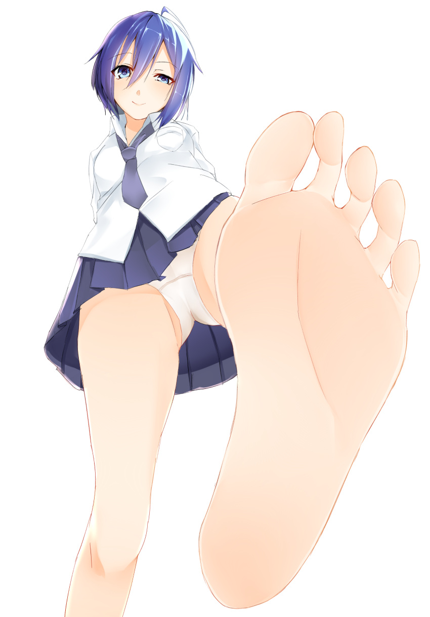 1girl, barefoot, blue_hair, closed_mouth, eyebrows_visible_through_hair, feet, girly_air_force, greek_toe
