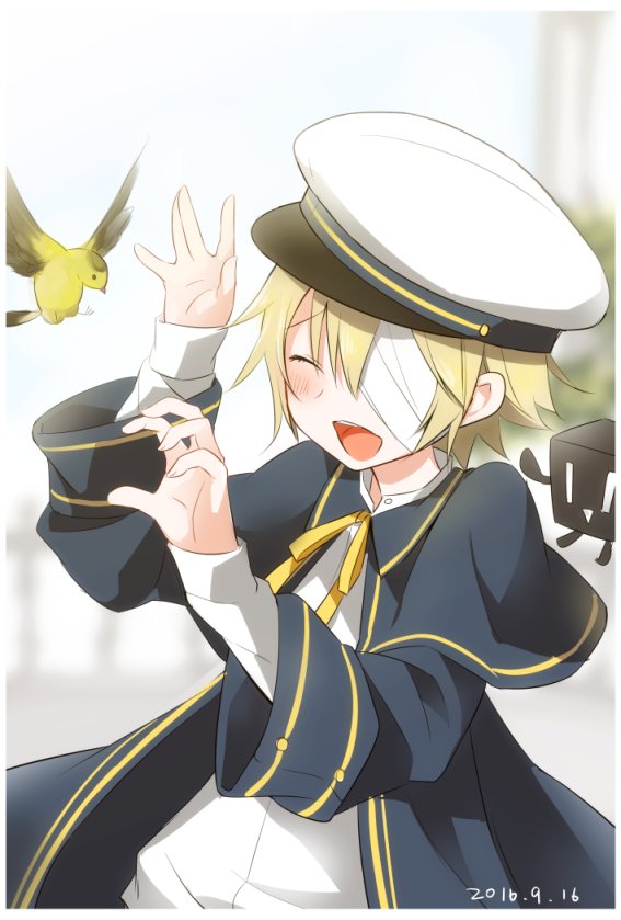 1boy, 2016, 2others, bandage_over_one_eye, bandages, bird, blonde_hair, blue_coat, blurry, blurry_background, blush, closed_eyes, coat, cubi_(vocaloid), dated, depth_of_field, flying, hat, james_(vocaloid), laughing, mizuhoshi_taichi, multiple_others, oliver_(vocaloid), open_mouth, pale_skin, robot, sailor_collar, sailor_hat, smile, vocaloid, |_|
