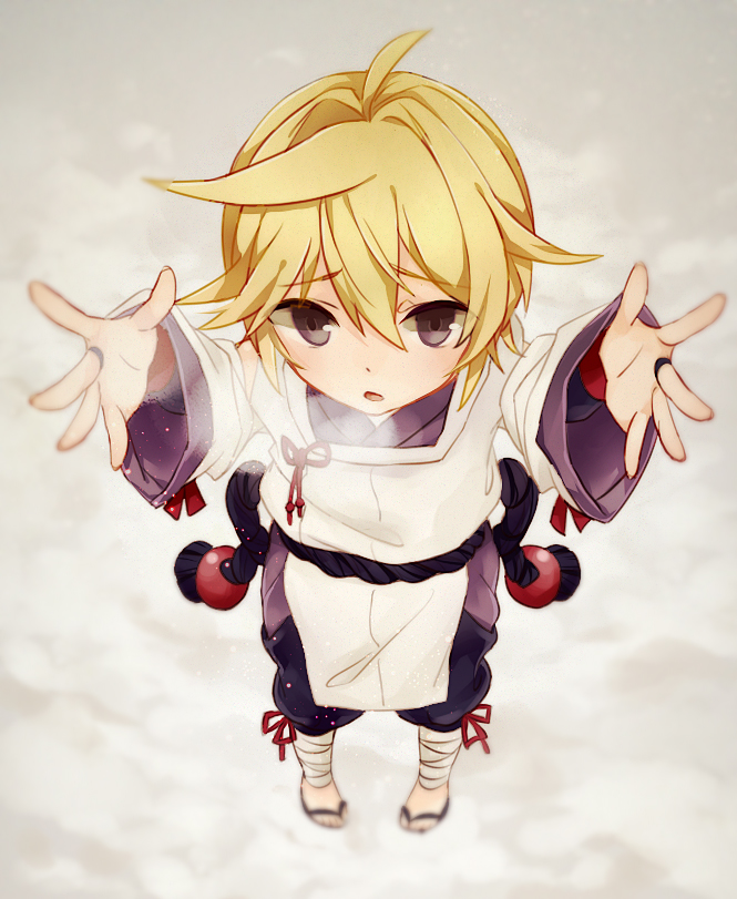 1boy, aitetsu_(module), blonde_hair, blue_eyes, breath, from_below, hair_between_eyes, japanese_clothes, kagamine_len, looking_at_viewer, looking_up, male_focus, okidokei, outstretched_arms, project_diva_(series), solo, vocaloid