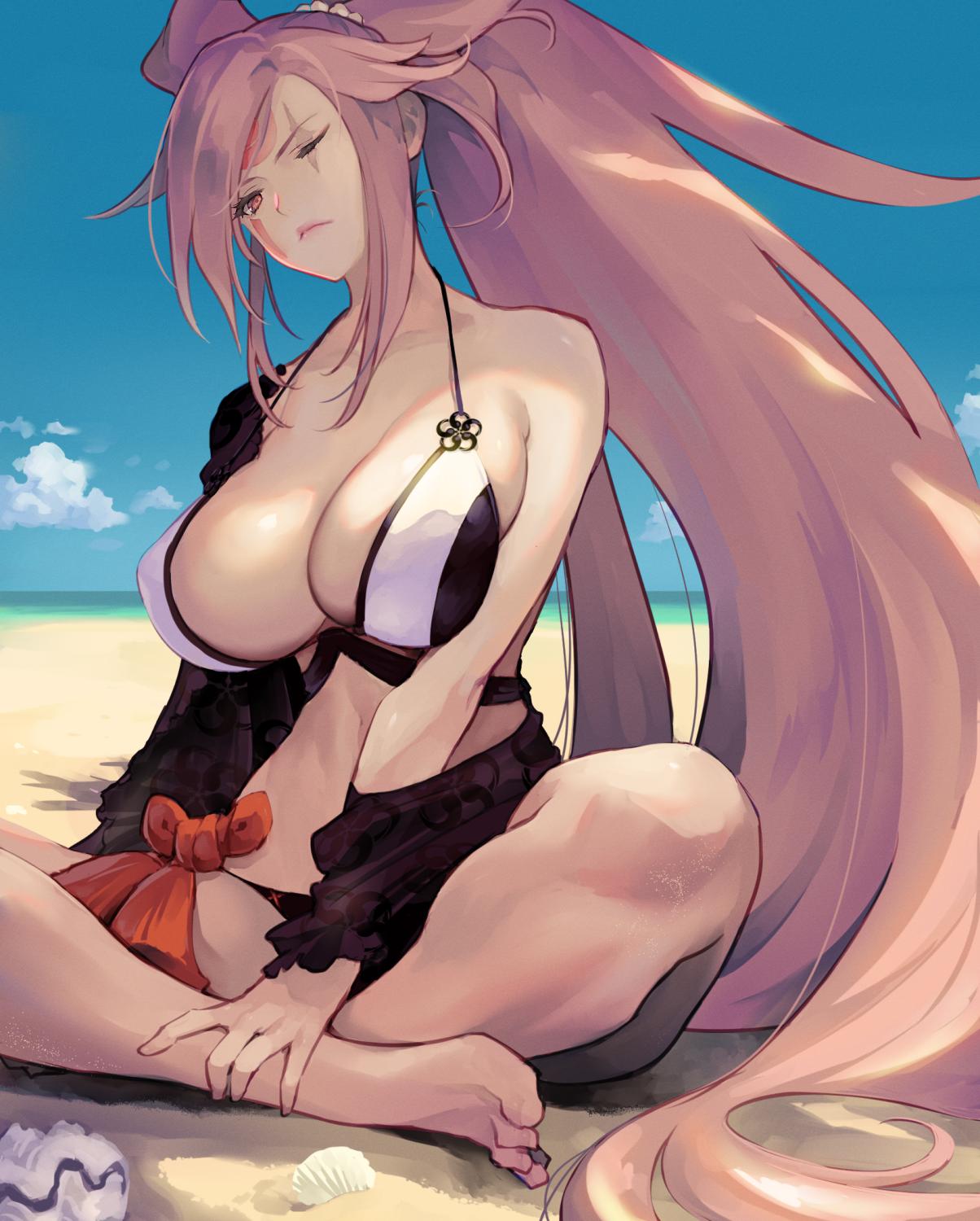 1girl, amputee, baiken, bare_legs, barefoot, beach, big_hair, bikini