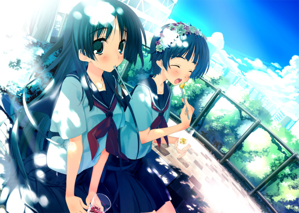 ^_^, black_hair, blue_eyes, blush, closed_eyes, eating, fisheye, flower
