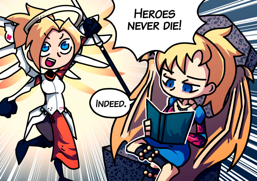 2girls, absurdres, barefoot, blonde_hair, blue_eyes, book, collarbone, crossover