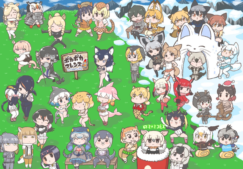 >:), >_<, 6+girls, :3, ^_^, aardwolf_(kemono_friends), aardwolf_ears, aardwolf_tail