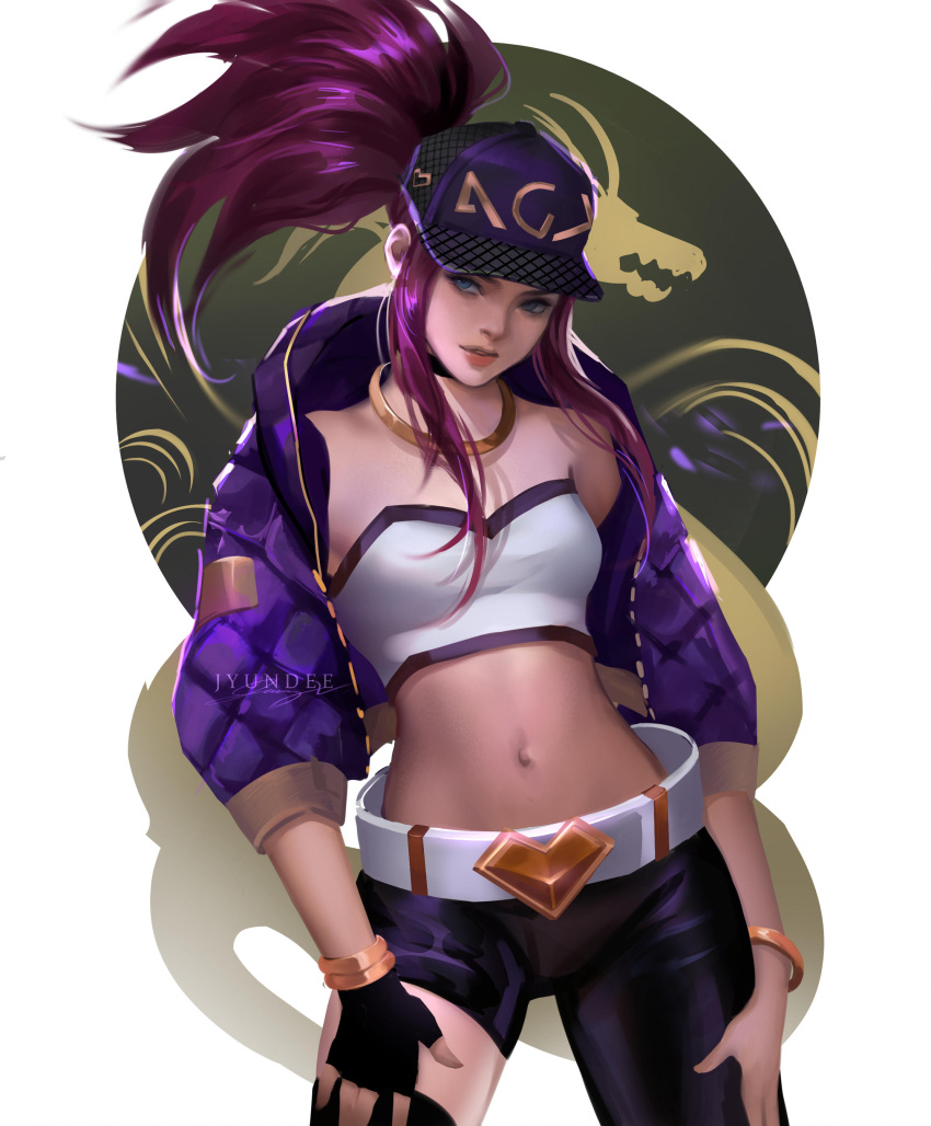 1girl, absurdres, akali, bare_shoulders, baseball_cap, belt, blue_eyes, bracelet, breasts, choker, fingerless_gloves, gloves, hand_on_thighs, hat, high_ponytail, highres, idol, jacket, jewelry, jyundee, k/da_(league_of_legends), k/da_akali, league_of_legends, long_hair, looking_at_viewer, midriff, navel, necklace, open_clothes, open_jacket, parted_lips, ponytail, portrait, purple_hair, sidelocks, solo, strapless, thighs, tubetop