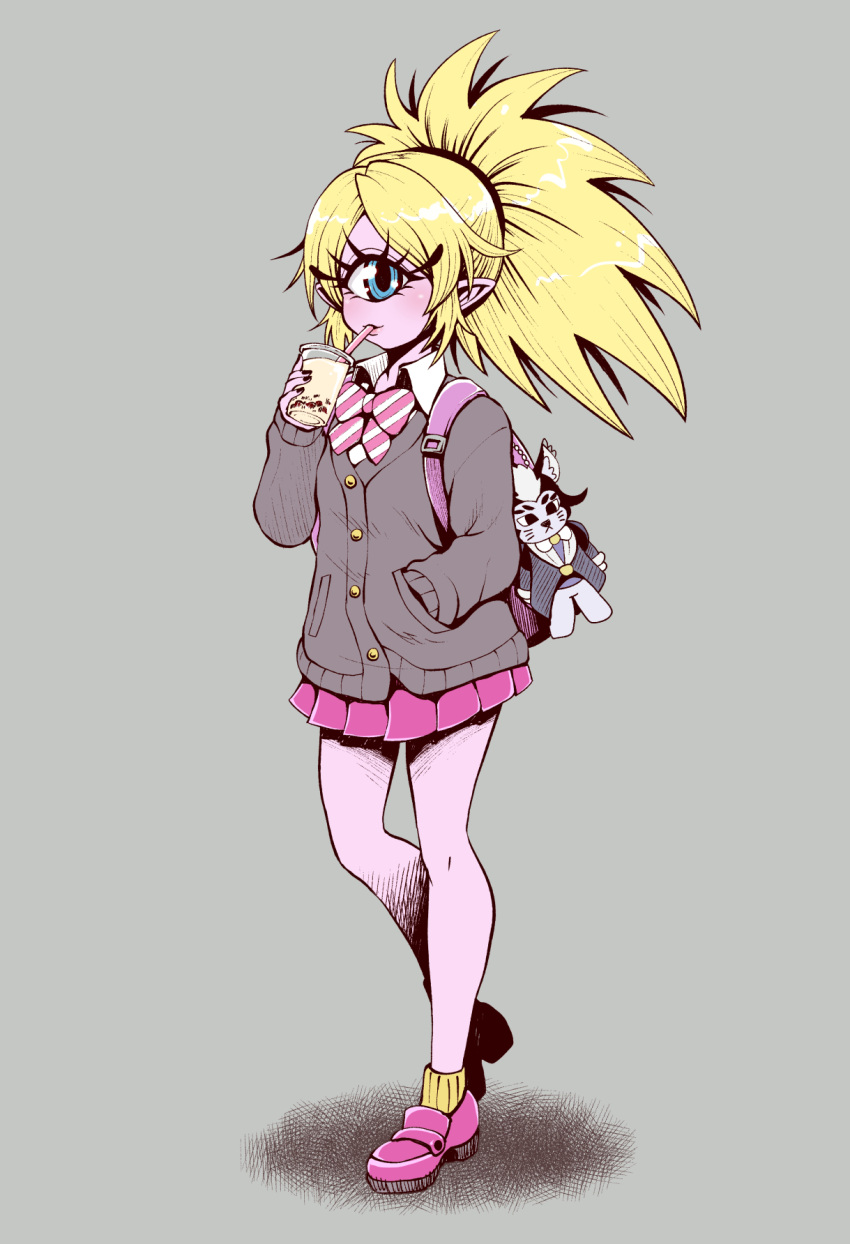 1girl, alternate_hairstyle, backpack, bag, bakenyan_(precure), bangs, black_cardigan, blonde_hair, blue_eyes, blush, bow, bowtie, bubble_tea, cardigan, character_doll, collared_shirt, commentary_request, cup, cyclops, disposable_cup, drink, drinking, drinking_straw, eyelashes, eyewon_(precure), full_body, highres, holding, holding_cup, lipstick, loafers, long_sleeves, looking_at_viewer, makeup, neggu_(kojimagen), no_antennae, one-eyed, parted_bangs, pink_skin, pink_skirt, pleated_skirt, pointy_ears, precure, school_bag, school_uniform, shirt, shoes, sideways_glance, skirt, socks, solo, star_twinkle_precure, white_shirt, wing_collar