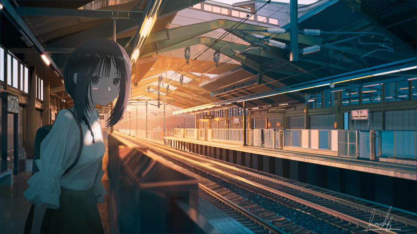 1girl, absurdres, artist_name, backpack, bag, banishment, brown_eyes, brown_hair
