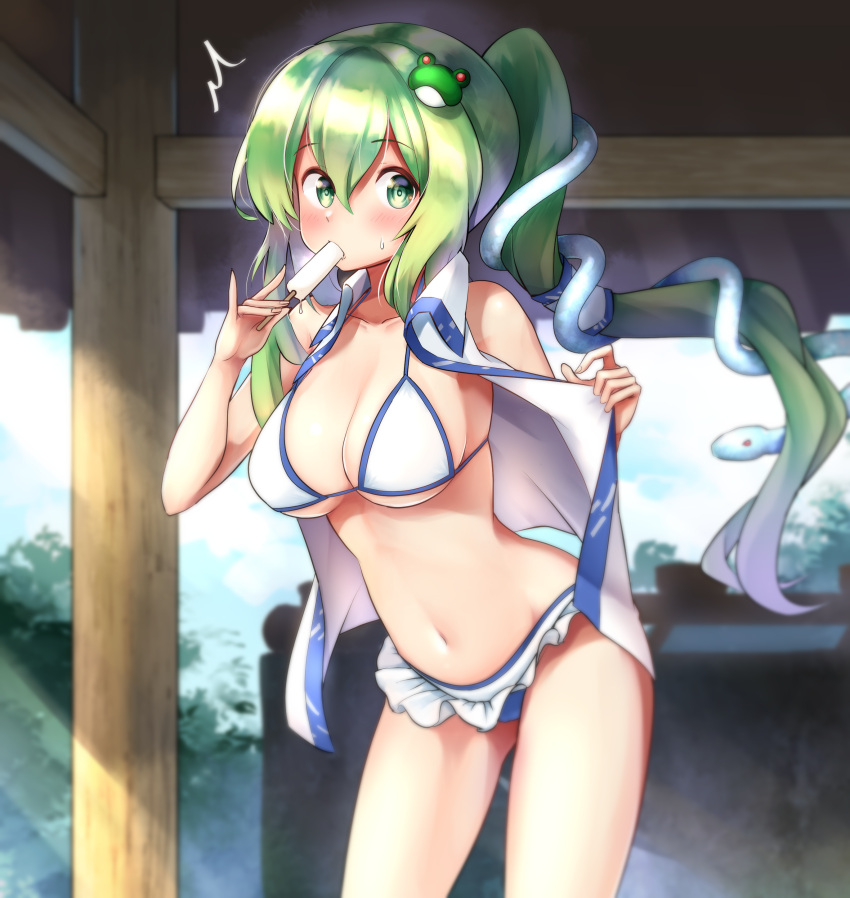 1girl, absurdres, alternate_hairstyle, bangs, bare_arms, bare_shoulders, bikini, blue_sky