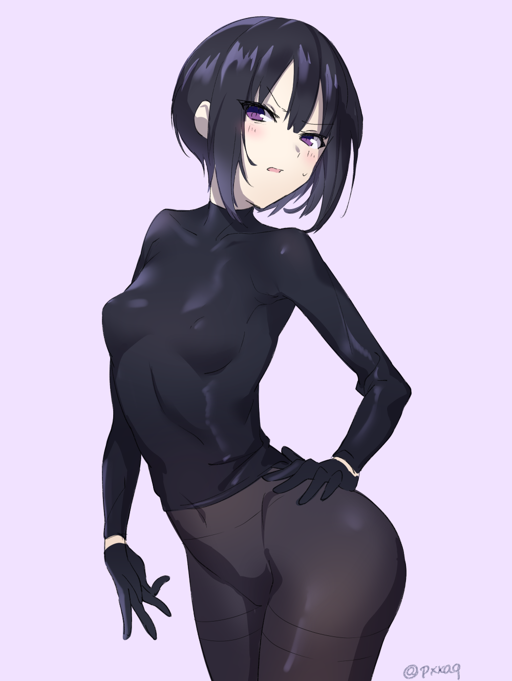 1girl, bangs, black_gloves, black_hair, black_shirt, blush, bodysuit, breasts