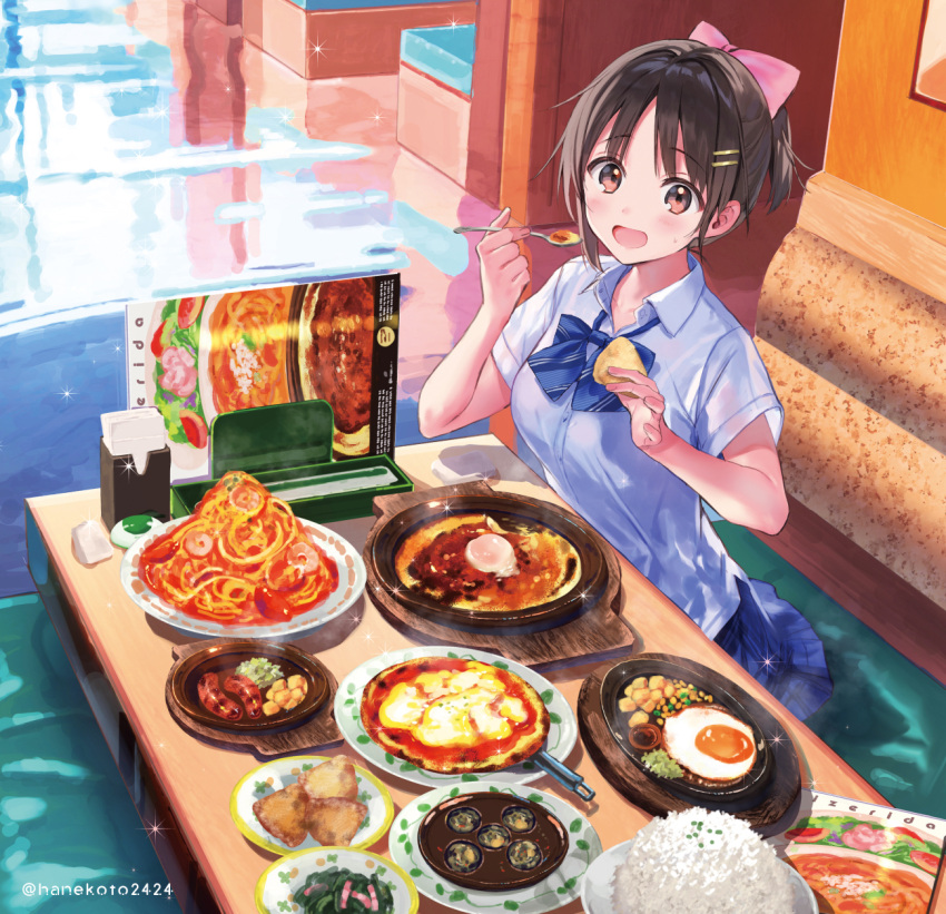 1girl, blue_neckwear, blue_skirt, bow, bowtie, brown_eyes, escargot, eyebrows_visible_through_hair