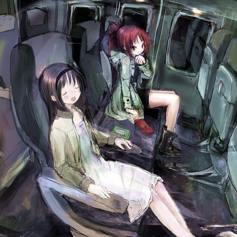 2girls, 86thunder, akemi_homura, black_hair, boots, closed_eyes, dress, food