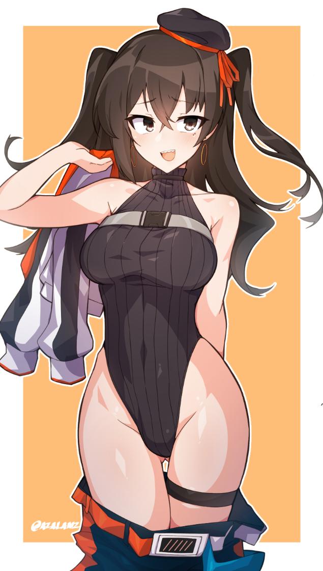 1girl, :d, ass_visible_through_thighs, bangs, bare_arms, bare_shoulders, beret, black_hair, black_headwear, black_leotard, blue_pants, blush, breasts, brown_background, brown_eyes, commentary, covered_navel, earrings, eyebrows_visible_through_hair, groin, hair_between_eyes, hat, highleg, highleg_leotard, holding, holding_jacket, hoop_earrings, idolmaster, idolmaster_cinderella_girls, jacket, jacket_removed, jewelry, large_breasts, leotard, long_hair, open_mouth, pants, pants_pull, ribbed_leotard, sharp_teeth, smile, solo, sunazuka_akira, teeth, thigh_gap, thigh_strap, tilt-shift, tilted_headwear, twitter_username, two-tone_background, two_side_up, white_background, white_jacket