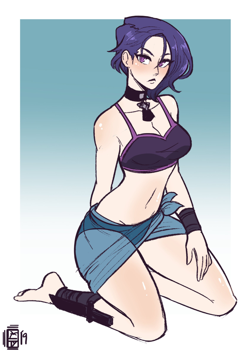 1girl, absurdres, asymmetrical_hair, bikini, blue_hair, breasts, choker, fire_emblem, fire_emblem:_three_houses, highres, large_breasts, looking_at_viewer, purple_hair, scruffyturtles, serious, shamir_navrant, short_hair, simple_background, solo, swimsuit, violet_eyes