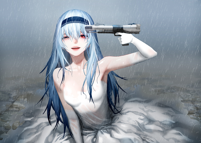 1girl, ;d, bangs, breasts, commentary, dress, elbow_gloves, finger_on_trigger
