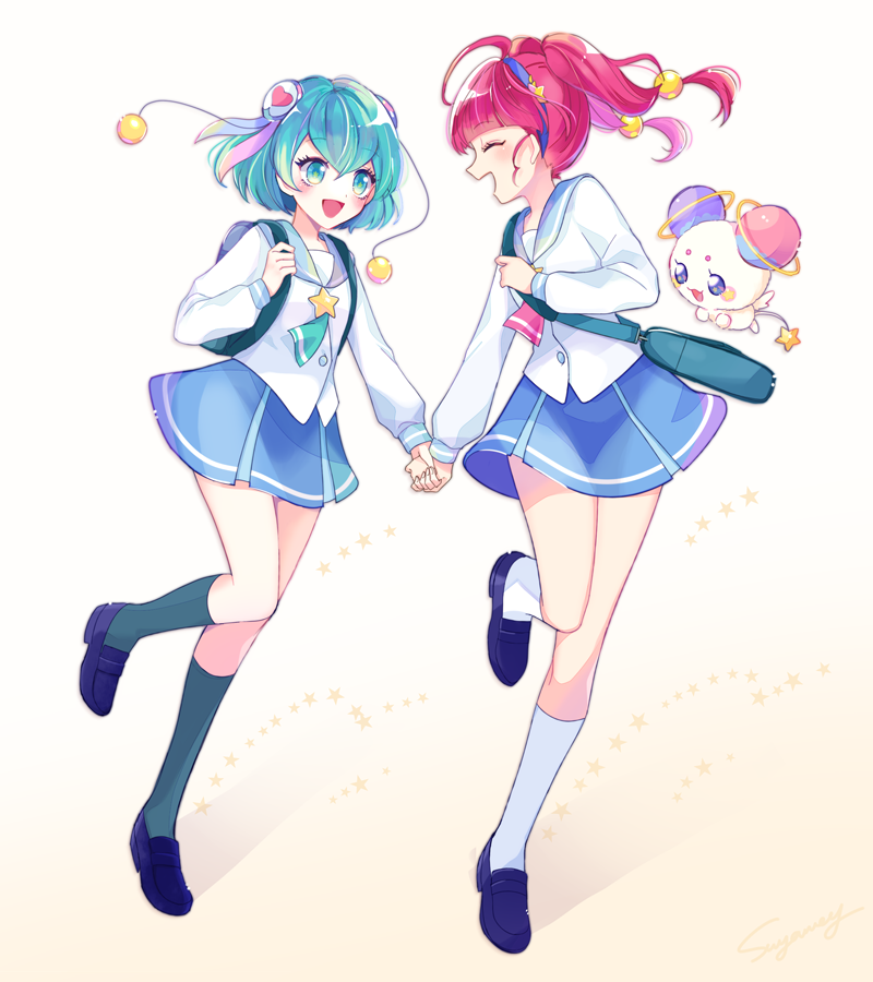 2girls, :d, ahoge, aqua_eyes, aqua_hair, aqua_neckwear, backpack, bag