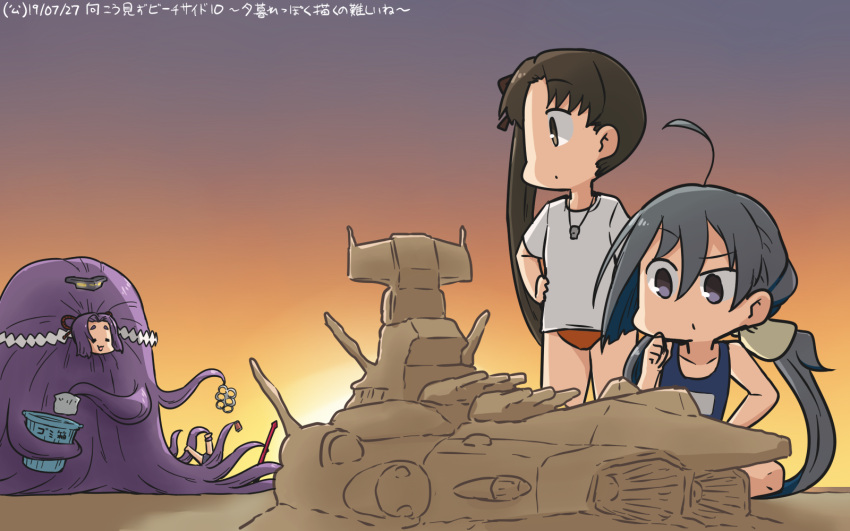 4girls, ahoge, andromeda_(uchuu_senkan_yamato), ayanami_(kantai_collection), blue_swimsuit, brown_eyes, brown_hair, character_request