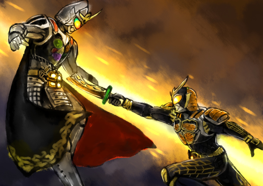 2boys, archer, armor, belt, black_cape, cape, dual_persona, emiya_shirou