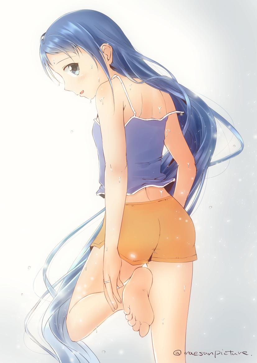 1girl, artist_name, bangs, bare_shoulders, blue_eyes, blue_hair, blue_shirt, camisole