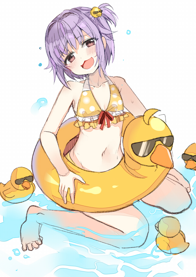 :3, :d, ahoge, alternate_hairstyle, bangs, bare_legs, bare_shoulders, bikini, blush, chocho_(homelessfox), duck_hair_ornament, duck_innertube, frilled_bikini, frills, hair_flaps, halter_top, halterneck, holding, holding_innertube, idolmaster, idolmaster_cinderella_girls, innertube, koshimizu_sachiko, looking_at_viewer, navel, one_side_up, open_mouth, partially_submerged, polka_dot, polka_dot_bikini, purple_hair, red_ribbon, ribbon, rubber_duck, sidelocks, sitting, smile, smug, sunglasses, swimsuit, wariza, yellow_bikini, yellow_innertube
