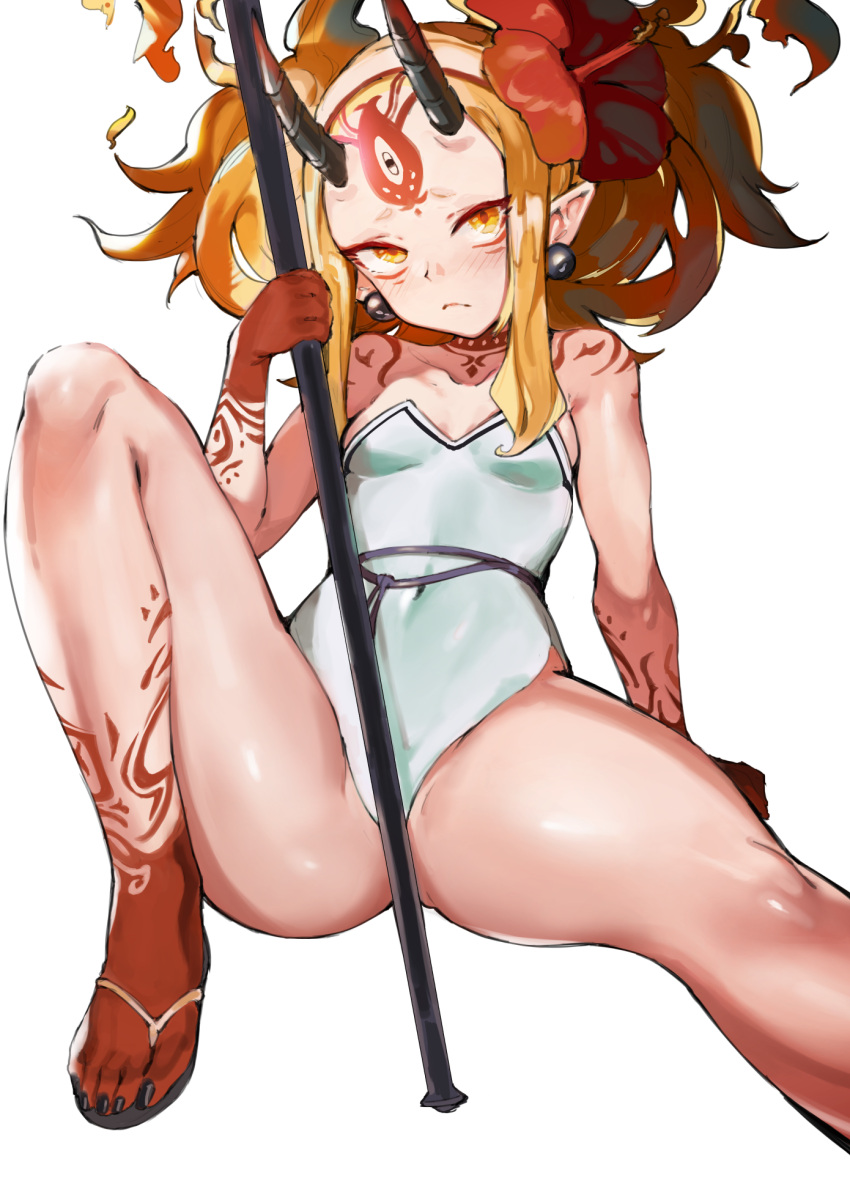 1girl, bare_shoulders, blonde_hair, breasts, casual_one-piece_swimsuit, covered_navel, earrings, facial_mark