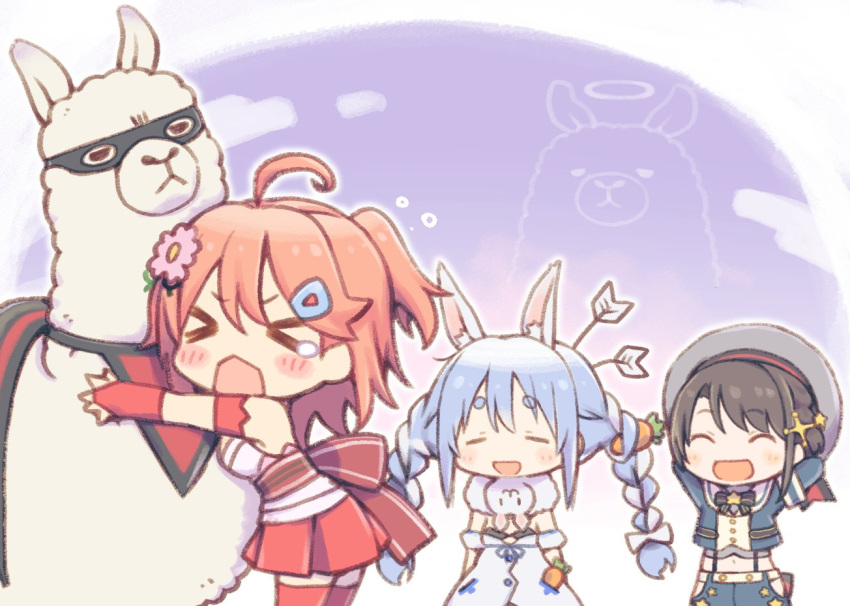 >_<, 3girls, ahoge, animal_ear_fluff, animal_ears, armband, arrow, arrow_in_head, beret, black_hair, blue_hair, blush, braid, bunny_girl, buttons, carrot, carrot_hair_ornament, cherry_blossoms, closed_eyes, clouds, detached_sleeves, extra_ears, eyebrows, eyebrows_visible_through_hair, flower, food_themed_hair_ornament, grey_headwear, hair_flower, hair_ornament, hairclip, halo, hat, hololive, hug, kuro_(kuroneko_no_kanzume), llama, llama_(minecraft), long_braid, midriff, minecraft, multiple_girls, nontraditional_miko, oozora_subaru, open_mouth, pink_hair, rabbit_ears, sakura_miko, skirt, sky, smile, spirit, tears, thigh-highs, twin_braids, usada_pekora, virtual_youtuber, zettai_ryouiki