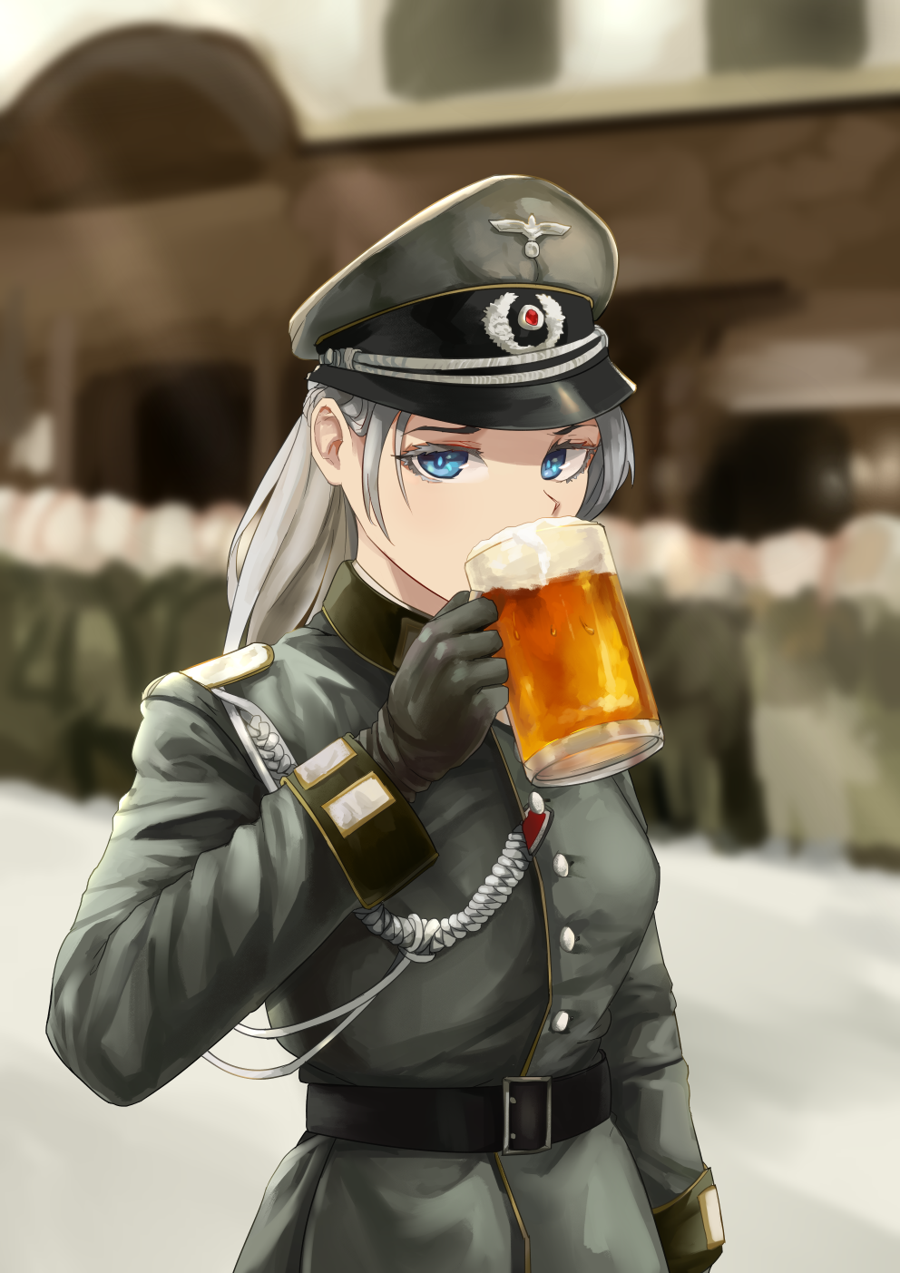 1girl, aiguillette, alcohol, artist_request, beer, beer_mug, belt, black_gloves