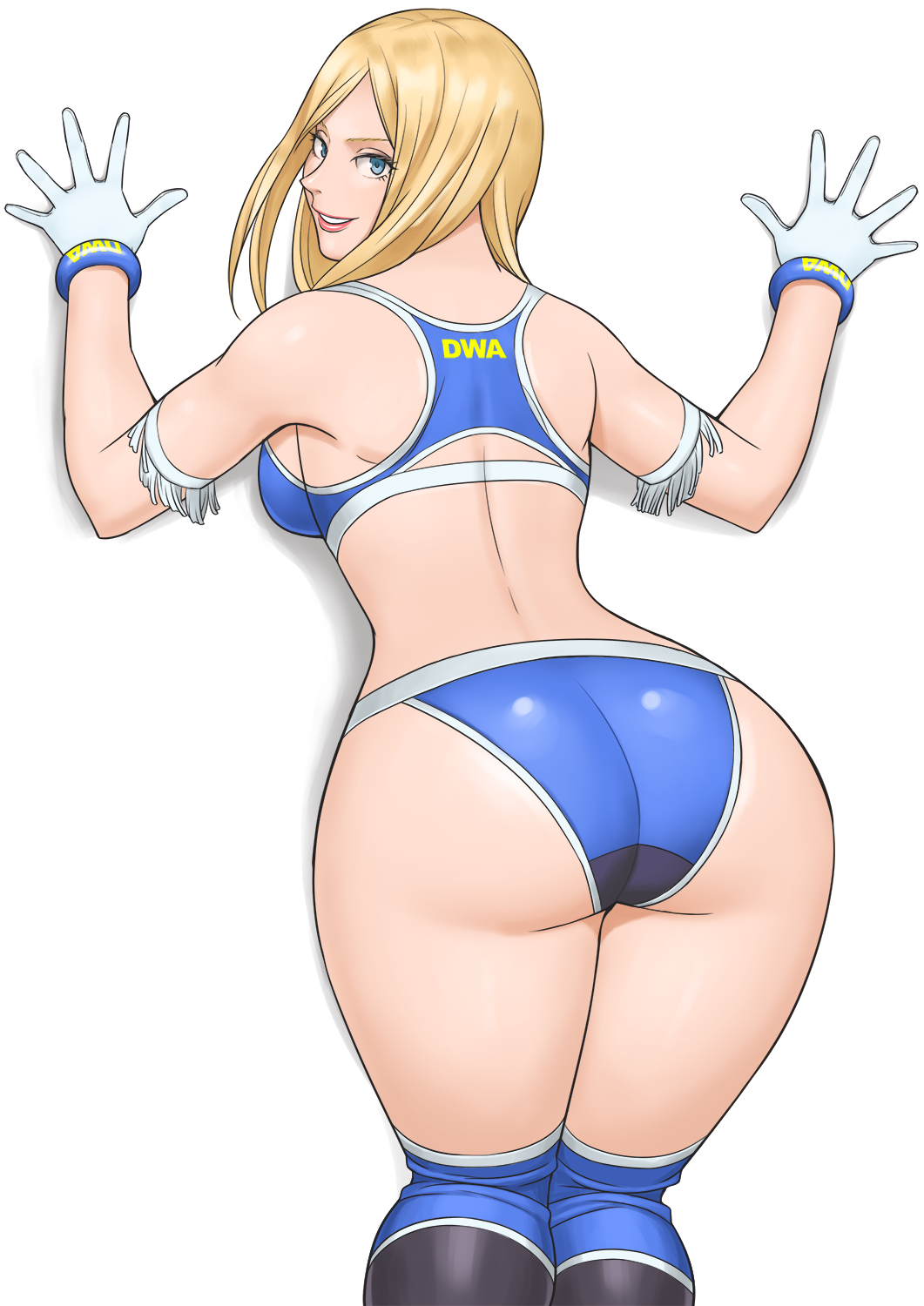 1girl, against_wall, ass, bikini, blue_bikini, blue_eyes, breasts, dead_or_alive, gloves, hair_over_shoulder, highres, knee_pads, large_breasts, legs_together, lips, lipstick, long_hair, looking_back, makeup, naughty_face, nose, shigenobu, sideboob, solo, swimsuit, tina_armstrong, white_gloves, wrestling_outfit